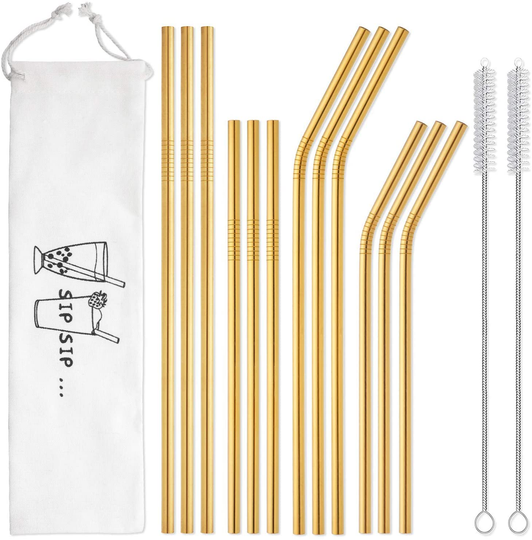 Hiware 12-Pack Gold Stainless Steel Straws Reusable with Case - Metal Drinking Straws for 30oz & 20oz Tumblers Yeti Dishwasher Safe, 2 Brushes Included