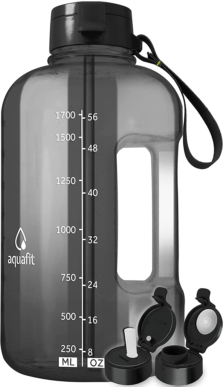 AQUAFIT Half Gallon Water Bottle with Straw Half Gallon Water Jug Motivational Water Bottle 64 Ounce Water Bottle with Time Marker Large Water Bottle Big Water Bottle 1/2 Gallon Water Jug Big Water Jug Gray