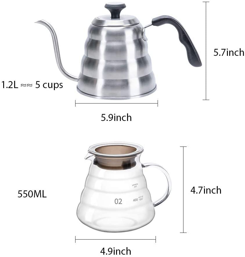 Pour Over Coffee Maker Set - Includes Coffee Carafe Pour Over Coffee Kettle with Thermometer (1.2L up to 40 oz.), V60 Paper Coffee Filter, Coffee Dripper and Coffee Server