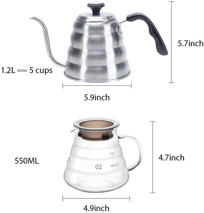 Pour Over Coffee Maker Set - Includes Coffee Carafe Pour Over Coffee Kettle with Thermometer (1.2L up to 40 oz.), V60 Paper Coffee Filter, Coffee Dripper and Coffee Server