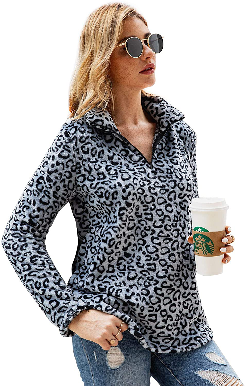 P&A Fashion Women's Long Sleeve Leopard Print Sweatshirt V Neck Quarter Zip Fleece Pullover Tops