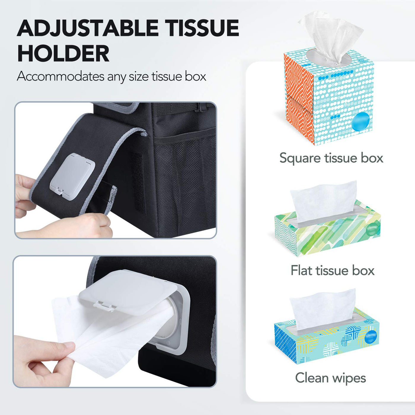 Farasla All-in-One Car Trash Can with 2 Removable Leakproof Interior Liners, Adjustable Tissue Holder & Straps