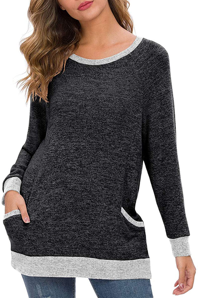 LILBETTER Womens Casual Color Block Long Sleeve Round Neck Pocket T Shirts Blouses Sweatshirts Tops