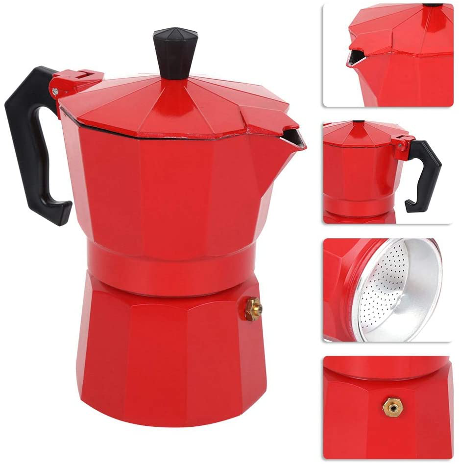 6 Cup Coffee Maker, Italian Style Coffee Maker, Moka Coffee Maker Tool, Quick Cleaning Pot for Home Office (Red)