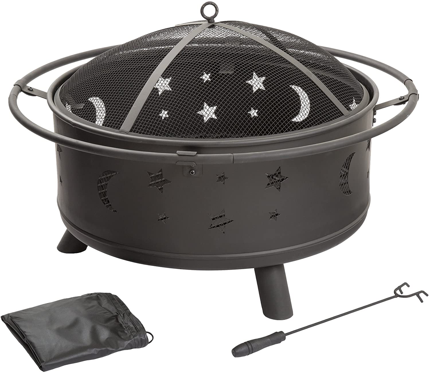 Fire Pit Set, Wood Burning Pit - Includes Screen, Cover and Log Poker- Great for Outdoor and Patio, 30 inch Round Star and Moon Firepit by Pure Garden