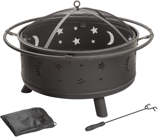 Fire Pit Set, Wood Burning Pit - Includes Screen, Cover and Log Poker- Great for Outdoor and Patio, 30 inch Round Star and Moon Firepit by Pure Garden