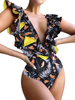SheIn Women's Floral Plunge Neck One Piece Swimwear Ruffle Monokini Bathing Suit