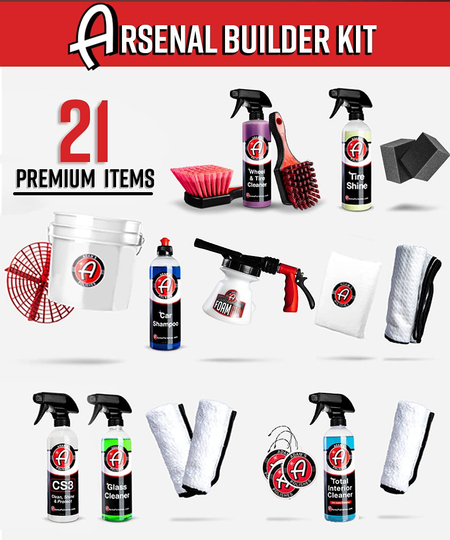 Adam's Arsenal Builder 21 Item Car Wash Kit - Detailing & Cleaning Kit W/ Foam Gun Wash Soap Car Wax Glass Window Cleaner Tire & Wheel Cleaner Interior Cleaner Towels Tire Shine