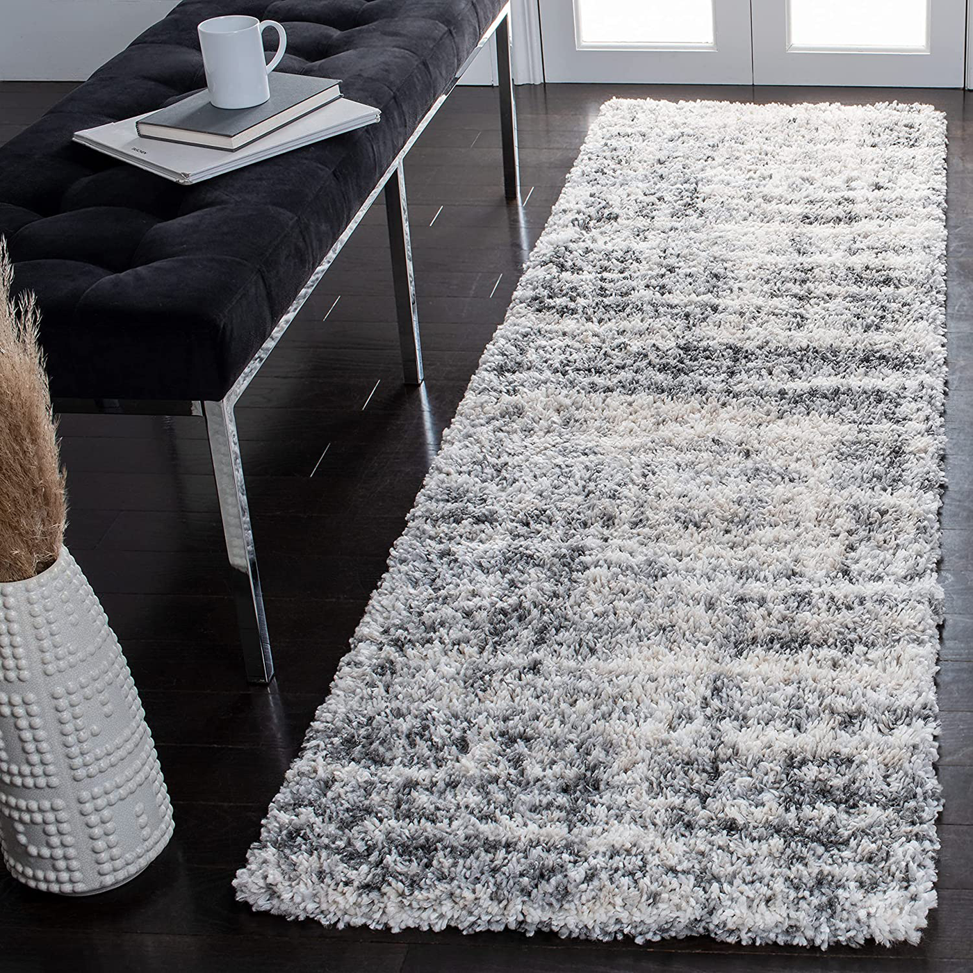 SAFAVIEH Fontana Shag Collection FNT856G Modern Non-Shedding Living Room Bedroom Dining Room Entryway Plush 2-inch Thick Runner, 2'3" x 6' , Grey / Ivory