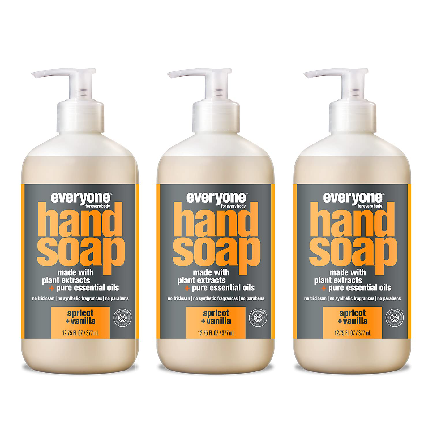 Everyone Liquid Hand Soap, 12.75 Ounce (Pack of 3), Apricot and Vanilla, Plant-Based Cleanser with Pure Essential Oils (Packaging May Vary)