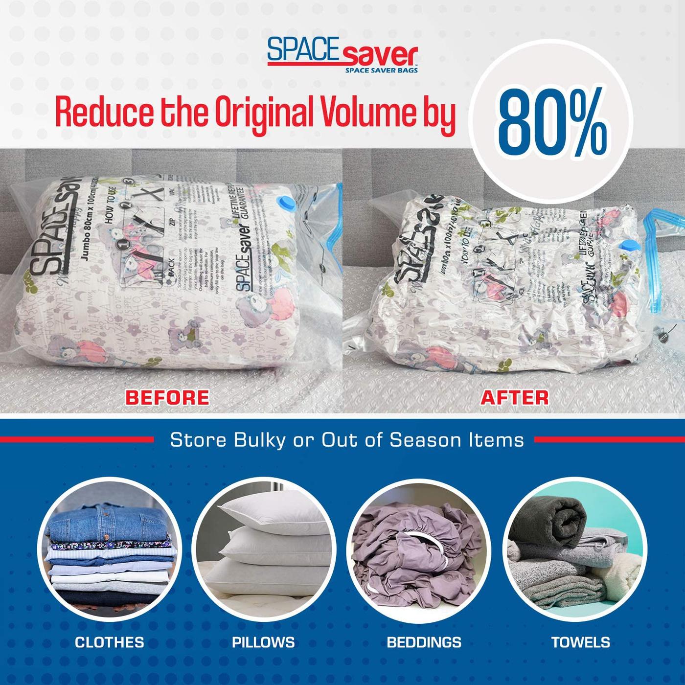 Spacesaver Premium Vacuum Storage Bags. 80% More Storage! Hand-Pump for Travel! Double-Zip Seal and Triple Seal Turbo-Valve for Max Space Saving! (Medium 6 Pack)