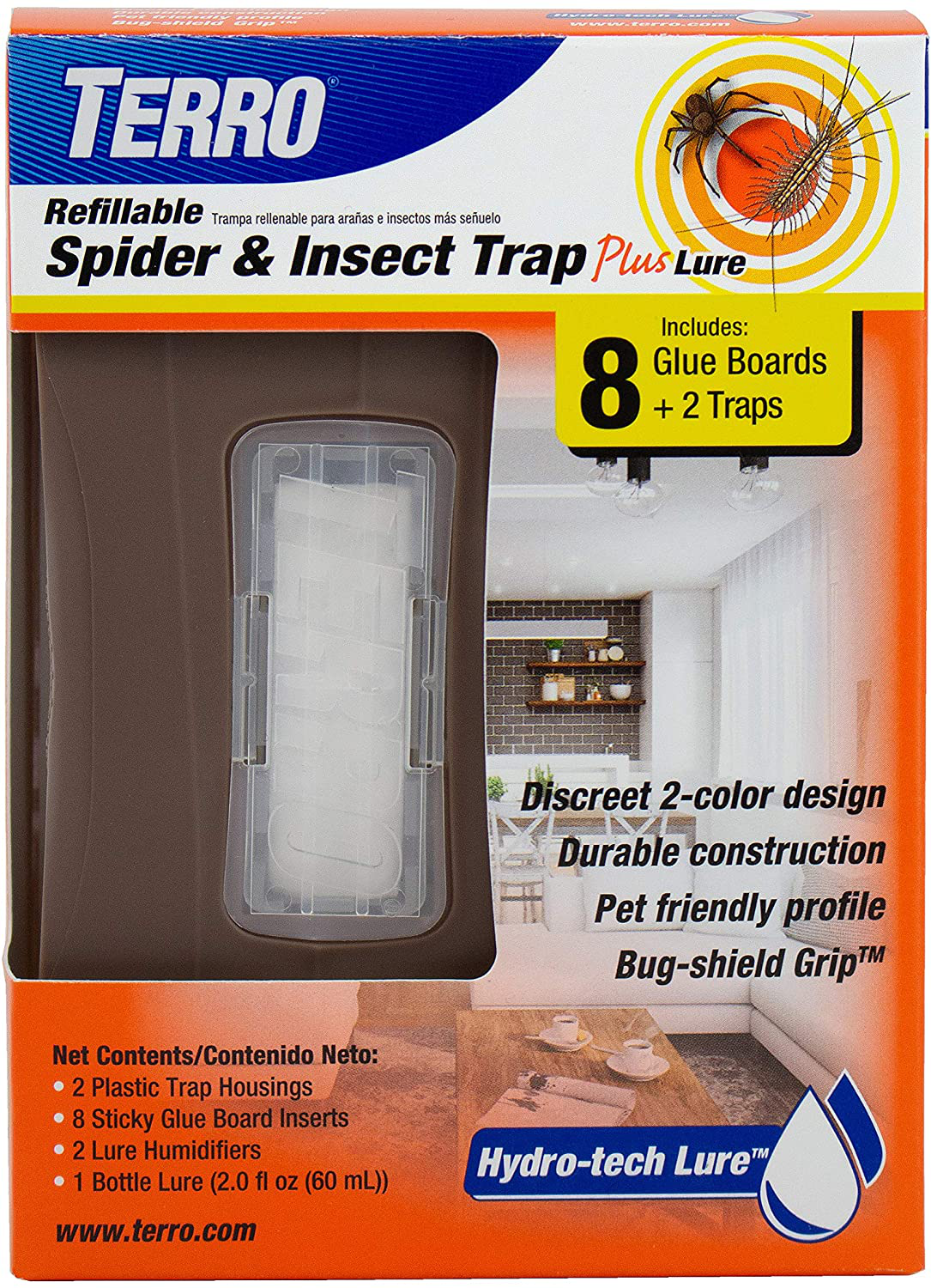 TERRO T3220 Refillable Spider & Insect Trap Attracts Pests with Hydro-tech Lure – Includes 2 Traps & 8 Glue Boards , Brown