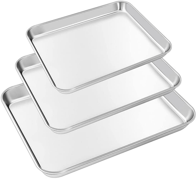 Small Baking Sheet for Toaster Oven,Stainless Steel Baking Pan Cookie Sheet Set of 3,Rectangle Size 9.3 & 10.4 & 12.5 inch,Mirror Finish & Heavy Duty, Dishwasher Safe By KnmyLife