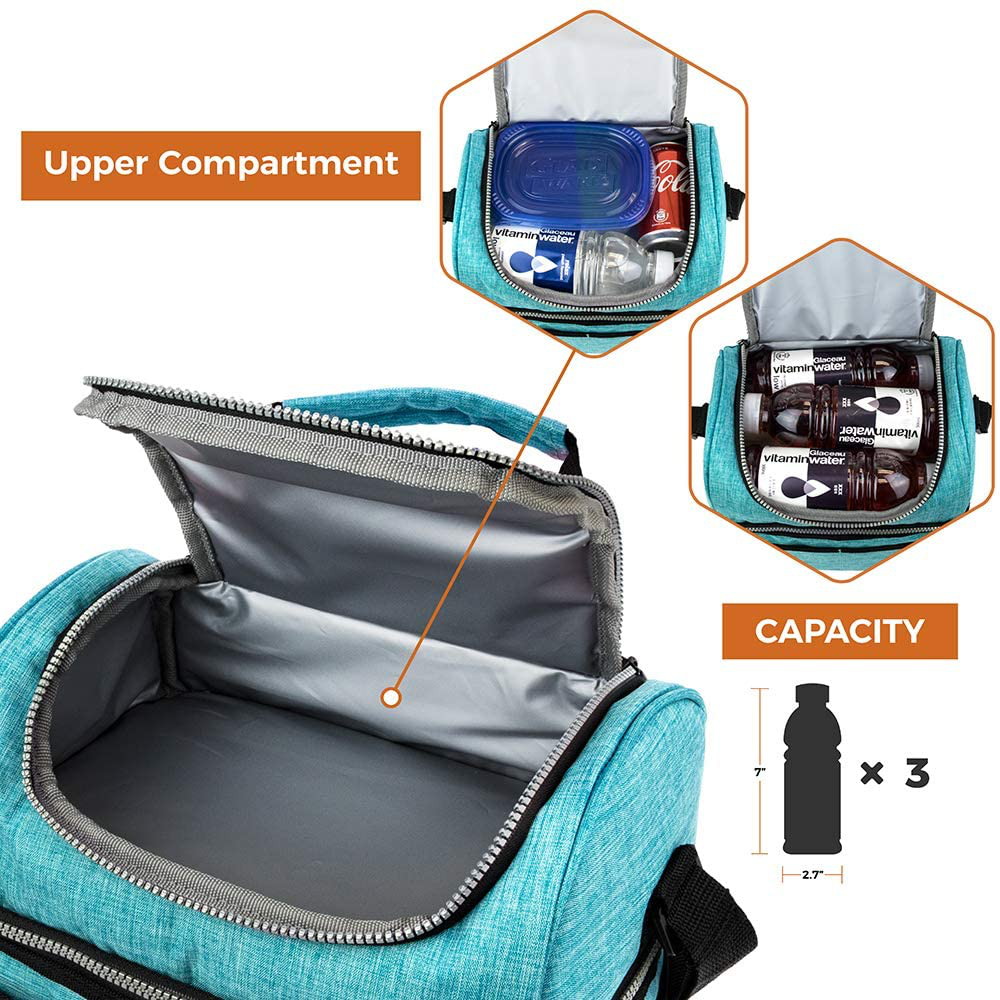 Insulated Dual Compartment Lunch Bag for Men, Women | Double Deck Reusable Lunch Box Cooler with Shoulder Strap, Leakproof Liner | Medium Lunch Pail for School, Work, Office (Aqua Turquoise)