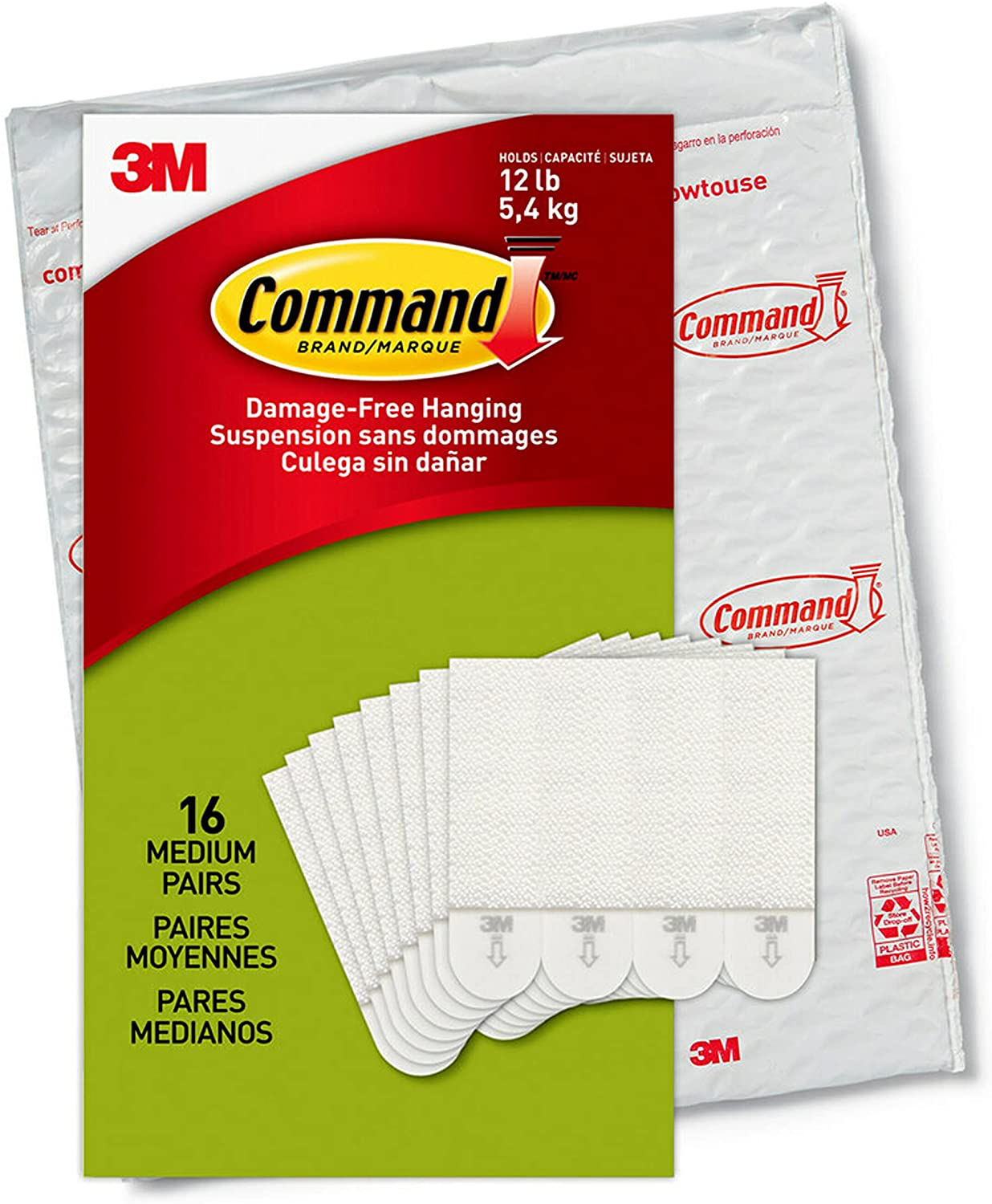 Command Picture Hanging Strips, Medium, White, Holds up to 12 lbs., 16-Pairs (32-Strips), Easy to Open Packaging