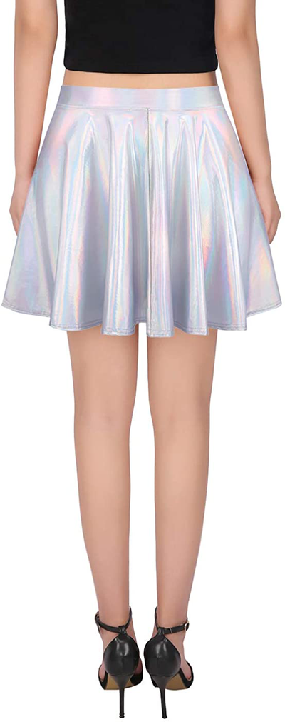 HDE Women's Shiny Liquid Metallic Holographic Pleated Flared Mini Skater Skirt