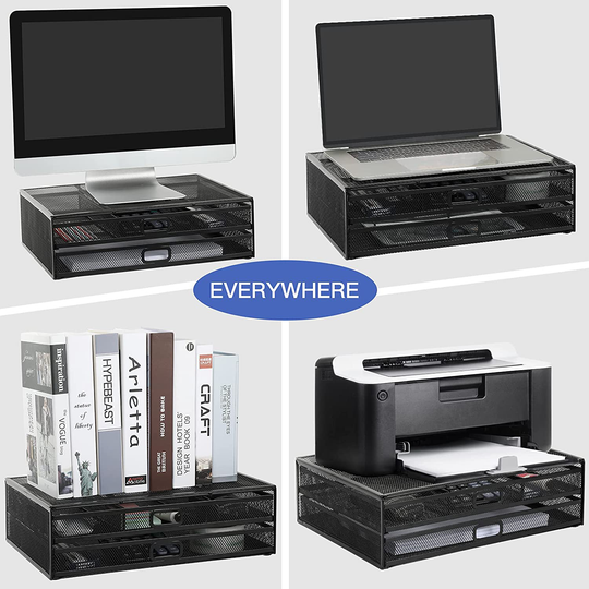 Monitor Stand Riser with Drawer - Mesh Metal Desk Organizer PC, Laptop, Notebook, Printer Holder with Pull Out Storage Drawer by HUANUO