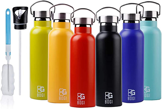 BOGI 20oz Double Wall Vacuum Insulated Stainless Steel Water Bottle-Scratch Resistance&Eco-Friendly for Outdoor Sports Yoga Camping+Straw Flip Cap,2 Straw&Cleaning Brush