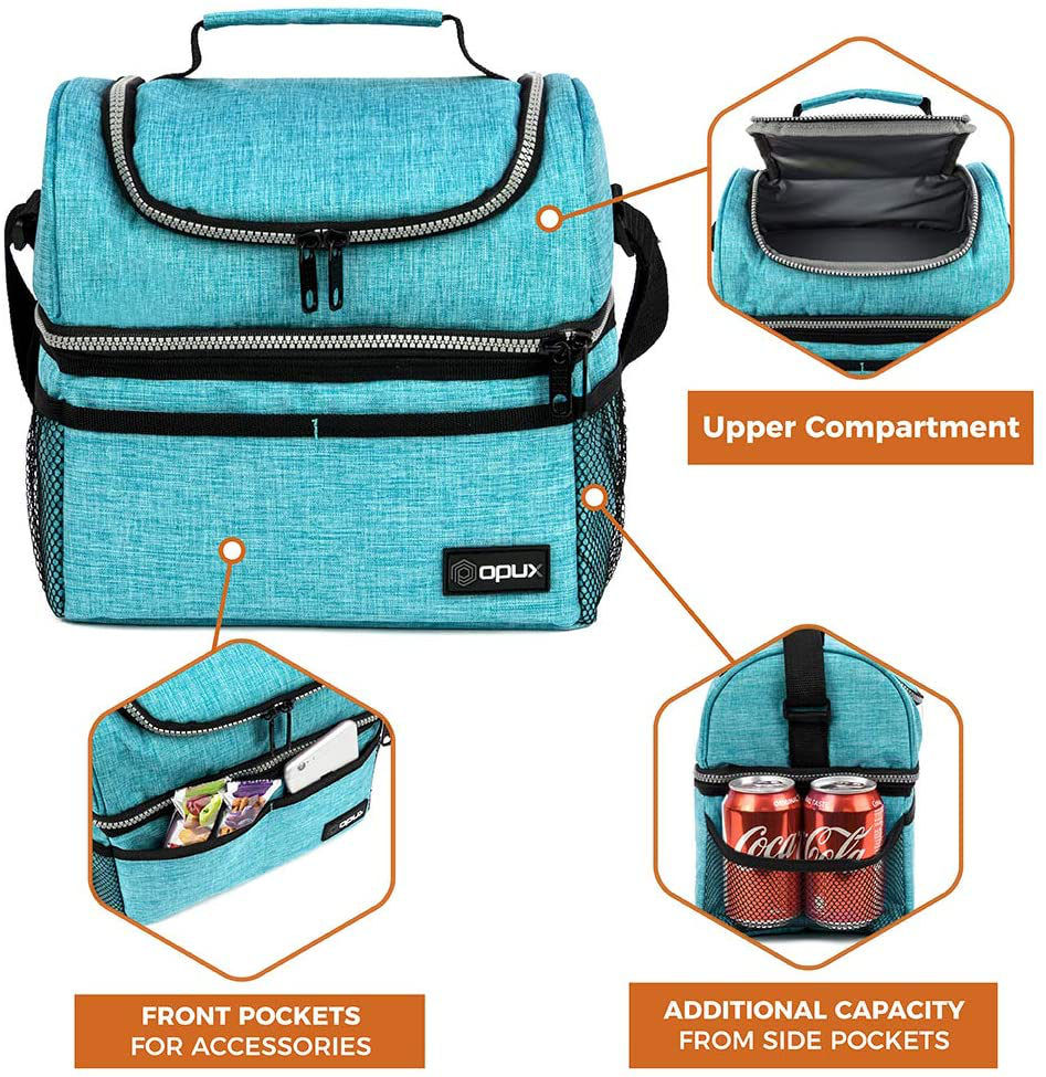 Insulated Dual Compartment Lunch Bag for Women, Ladies | Double Deck Reusable Lunch Box Cooler with Shoulder Strap, Leakproof Liner | Medium Lunch Pail for School, Work, Office (Floral Black)