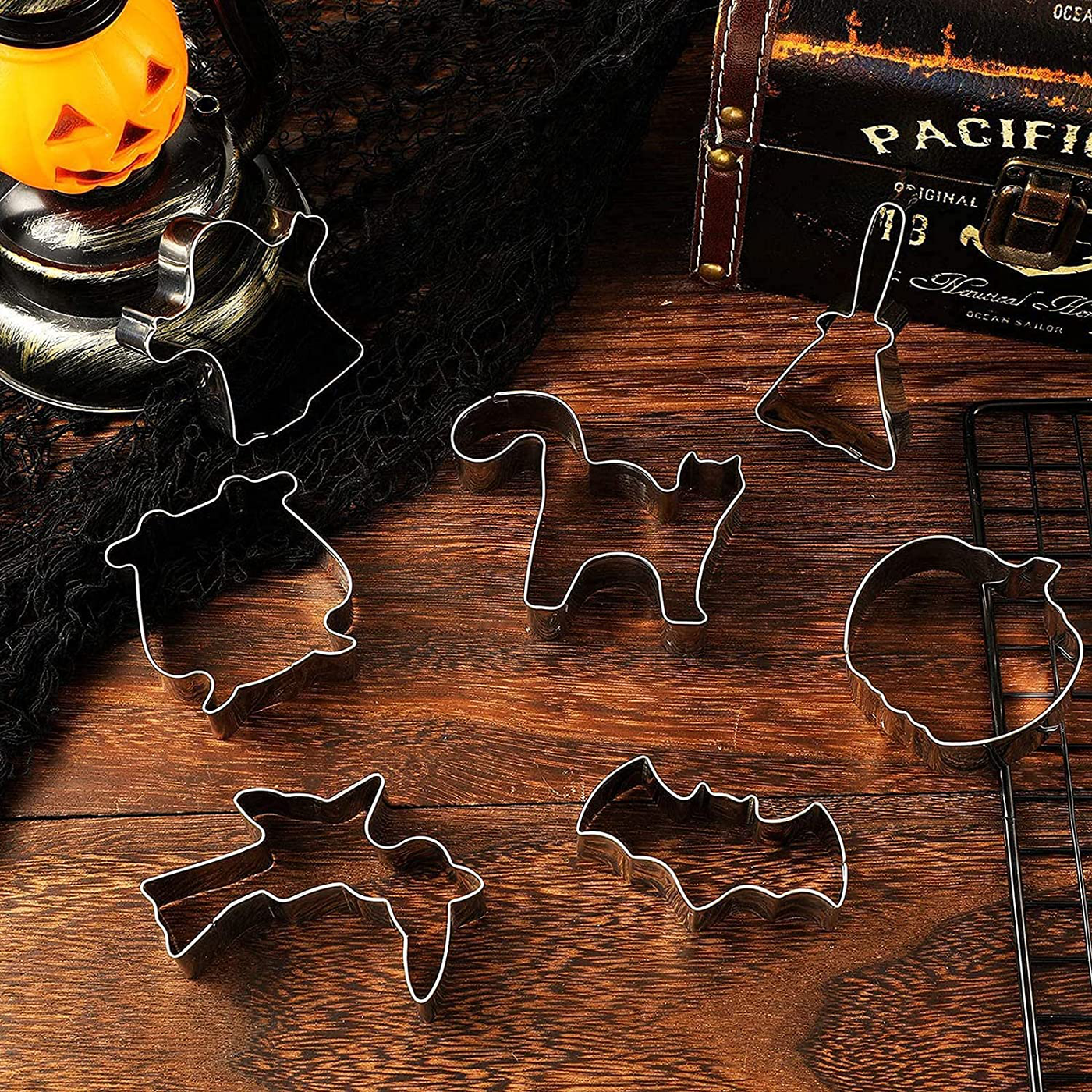 7PCS Halloween Cookie Cutters Stainless Steel Large Cookie Cutter for Baking cookies-Pumpkin, Bat, Ghost, Cat Broom,Owl and Witch Hat Shapes Trick or Treat Supplies with 50 cookie bags