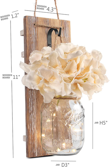 Besuerte Mason Jar Wall Sconces with LED Fairy Lights Automatic On and Off Timer Modern Wall Hanging Home Decor Farmhouse Decor Decorative Vintage Lighting