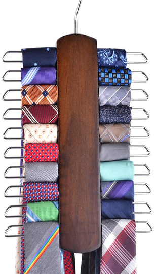 Umo Lorenzo Premium Wooden Necktie and Belt Hanger, Walnut Wood Center Organizer and Storage Rack with a Non-Slip Finish - 20 Hooks (Wooden)