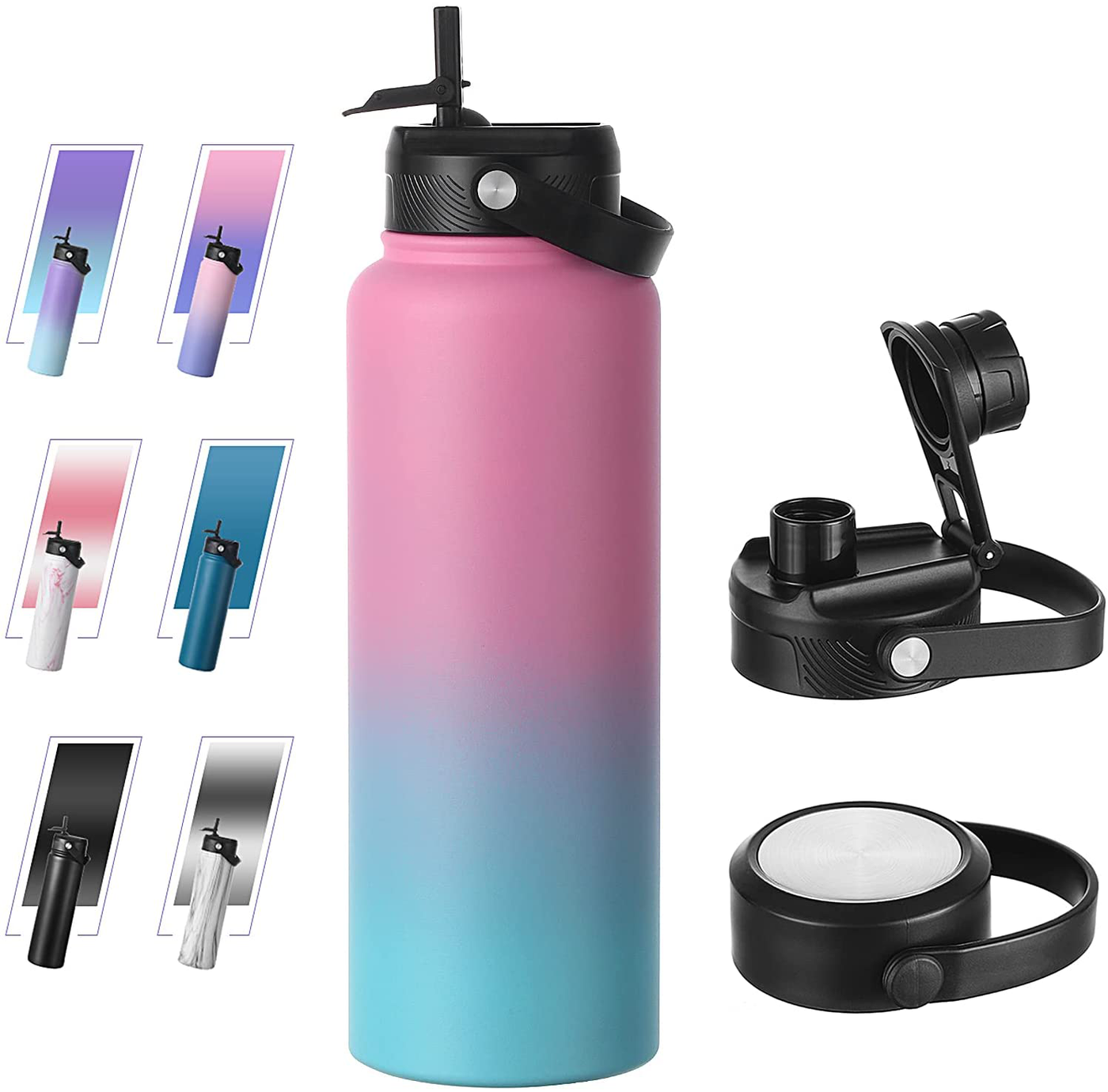 Bluego 32oz Stainless Steel Water Bottle with 3 Lids -Straw-Spout-Handle Lids, Vacuum Wide Mouth Reusable Metal Water Bottles,Keeps Hot and Cold Leak-Proof Sports Flask-PinkBule