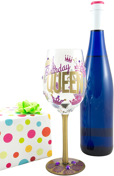 Top Shelf “Birthday Queen” Decorative Wine Glass ; Funny Gifts for Women ; Hand Painted Purple and Gold Design ; Unique Red or White Wine Glasses