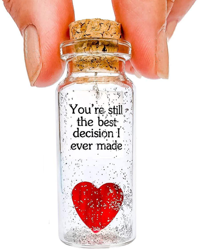 Heart and Message in a Bottle Love Present, Romantic Decoration for Boyfriend or Girlfriend, Anniversary Wish Jar with Card (Red Heart in a Bottle, You're Still the Best Decision I Ever Made)