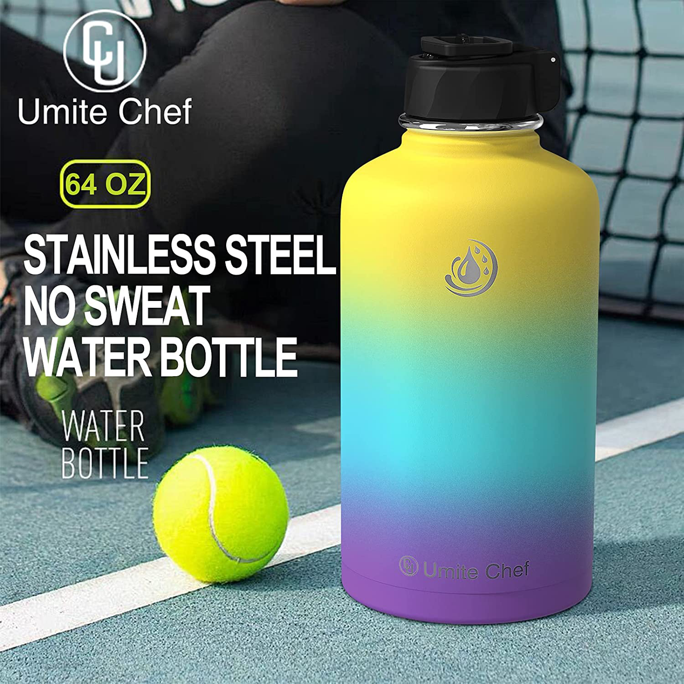 Umite Chef Water Bottle, Vacuum Insulated Wide Mouth Stainless-Steel Sports 18-64OZ Water Bottle with New Wide Handle Straw Lid,Hot Cold, Double Walled Thermo Mug