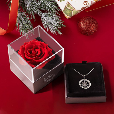 Preserved Rose with I'd be Lost Without You Compass Necklace-Enchanted Real Rose Flower Gifts for Girlfriend Wife Her Mom on Valentine's Day Wedding Anniversary Birthday Gifts for Women Christmas