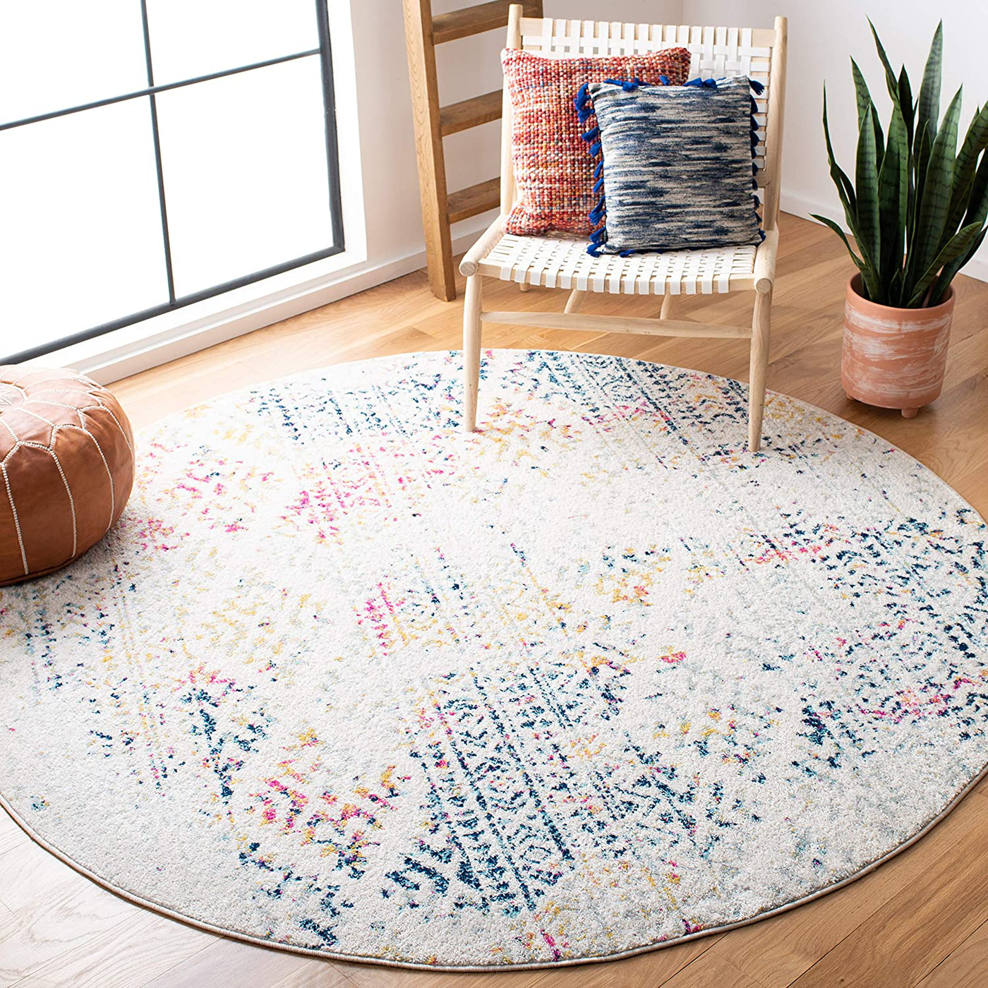 Safavieh Tulum Collection TUL272C Moroccan Boho Tribal Non-Shedding Stain Resistant Living Room Bedroom Area Rug, 3' x 3' Round, Ivory / Blue