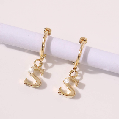 14K Gold Initial Charm Hoop Huggie Earring Handmade Personalized Alphabet Letter CZ Simulated Diamond Cute Hoop Dangle Earrings Gift for Women