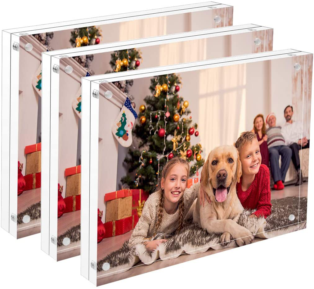 NIUBEE 5x5 Picture Frames, Clear Acrylic Photo Frame with Gift Box Package, 20% Thicker Blocks Magnetic Desktop Card Display