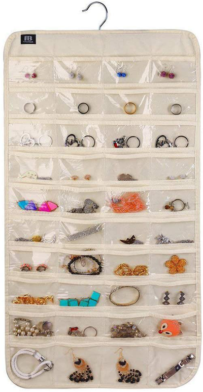 BB Brotrade Hanging Jewelry Organizer,Single Side 32 Clear PVC Pockets Wall Jewelry Storage with 2 Metal Hooks for Holding Jewelries (Beige)