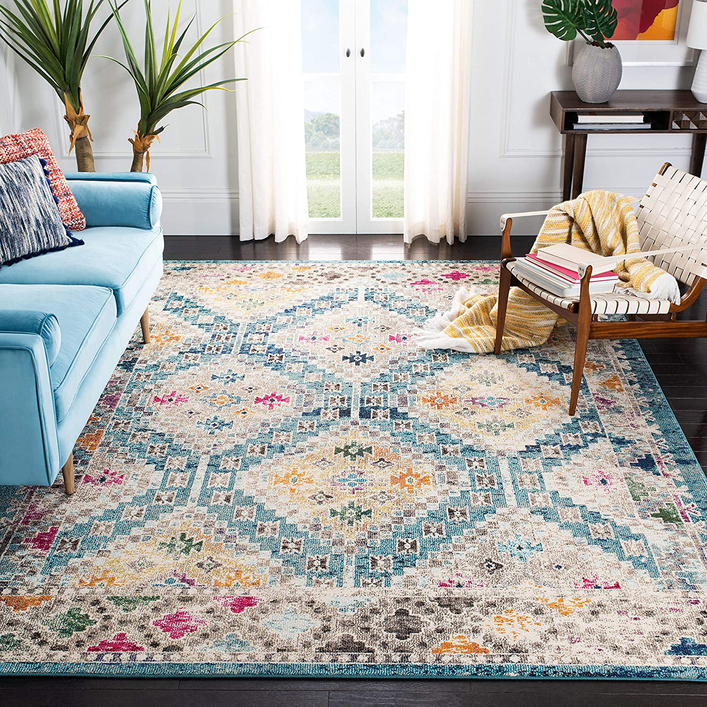 Safavieh Madison Collection MAD418K Boho Diamond Distressed Non-Shedding Living Room Bedroom Area Rug, 5' x 5' Square, Blue / Yellow