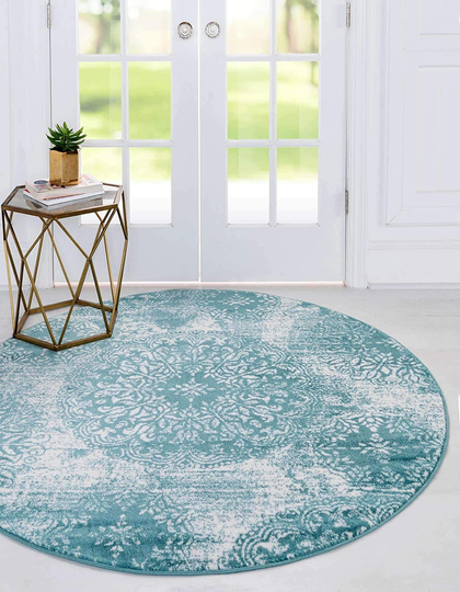 Unique Loom Sofia Collection Area Traditional Vintage Rug, French Inspired Perfect for All Home Décor, 5' 0 x 5' 0 Round, Turquoise/Ivory