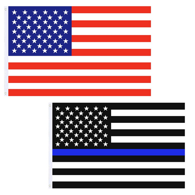 Set of 2 Flags - Thin Blue Line Flag and American Flag 3x5 Ft (Polyester, Blue & Red)