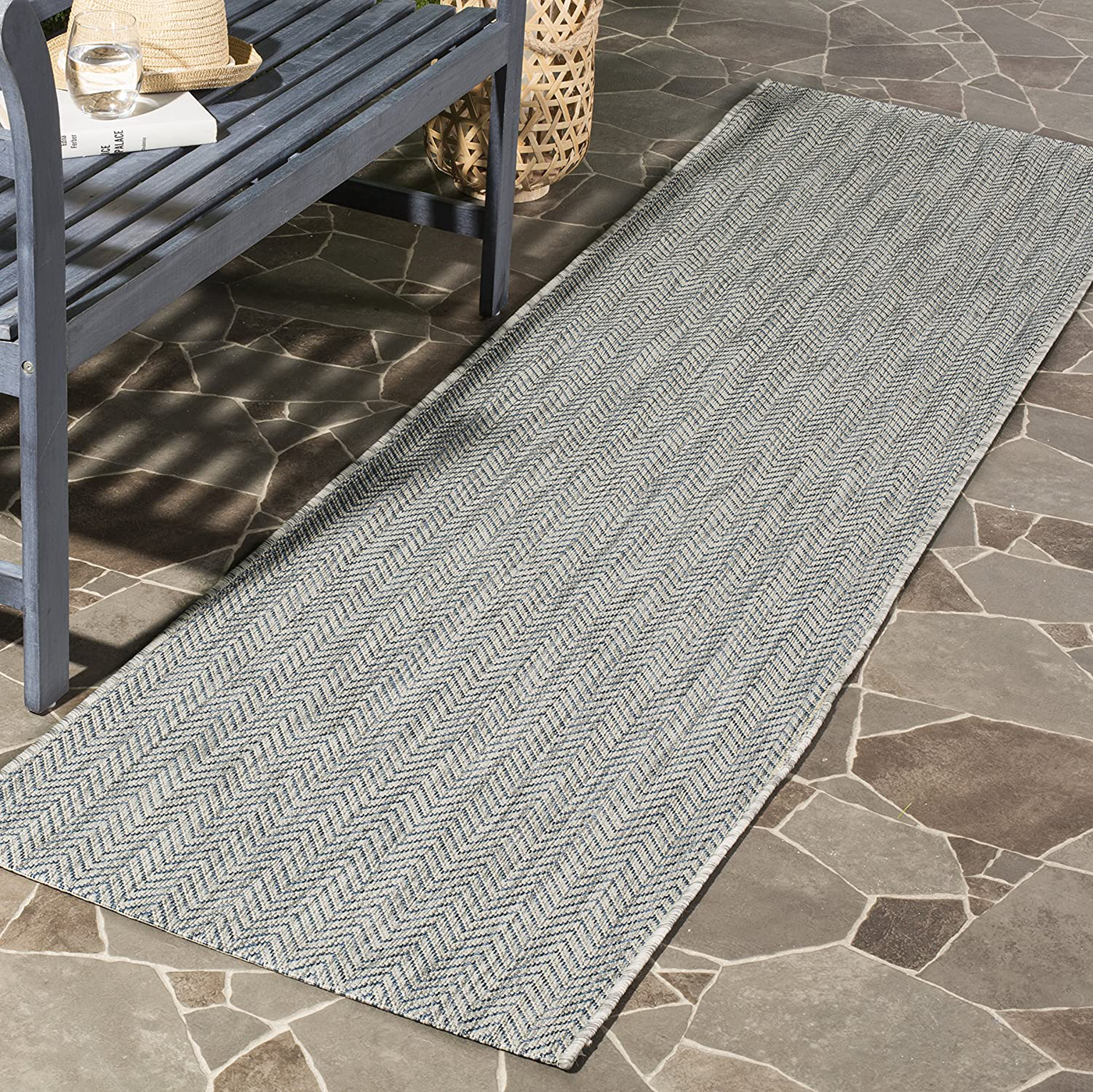 Safavieh Courtyard Collection CY8022 Indoor/ Outdoor Non-Shedding Stain Resistant Patio Backyard Runner, 2'3" x 6'7" , Grey / Navy