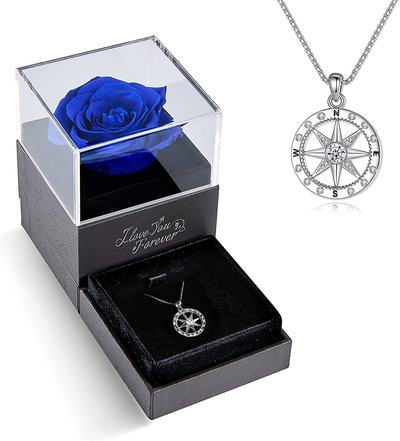 Preserved Rose with I'd be Lost Without You Compass Necklace-Enchanted Real Rose Flower Gifts for Girlfriend Wife Her Mom on Valentine's Day Wedding Anniversary Birthday Gifts for Women Christmas