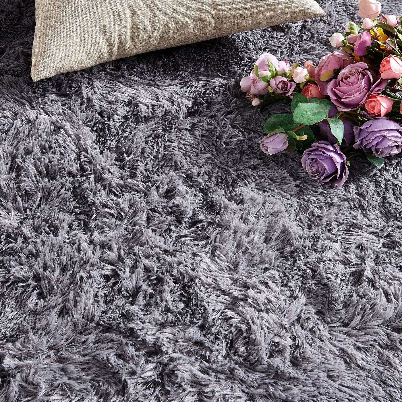 PAGISOFE Ultra Soft Fluffy Shag Area Rugs for Bedroom, Shaggy Silver Rugs Carpets for Kids Room, Girls Room, Baby Room, Nursery Decor, Floor Fuzzy Rugs for Living Room, 4x5.3 Feet, Light Grey Rug