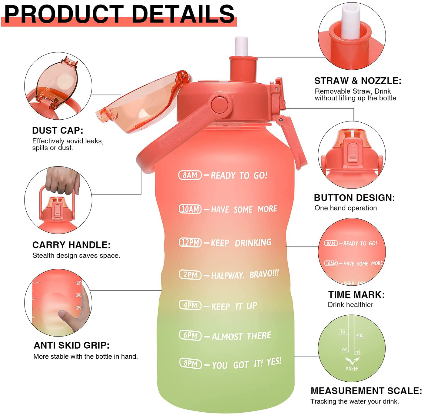 PASER 64oz/128oz Motivational Water Bottle with Time Marker & Straw, Leakproof Tritan BPA Free Water Jug Ensure You Drink Enough Water Daily for Fitness, Gym and Outdoor Sports