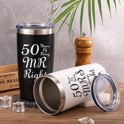 2 Pieces 50th Wedding Anniversary Coffee Mug, 50 Years of Being MR/MRS Always Right Gifts Set for Grandparents Couple Husband Wife, 20 oz Mug Tumbler with Lids and Gift Box (Black, White)