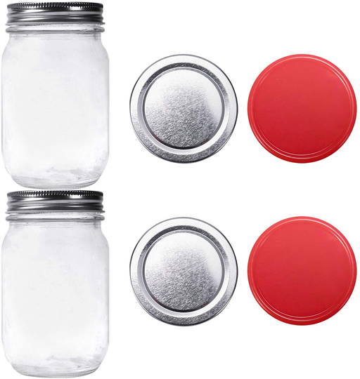 2 or 6 Pack Glass Regular Mouth Mason Jar Silver Metal Lids plus Plastic Lids Pint Mason Jar Ideal for Canning