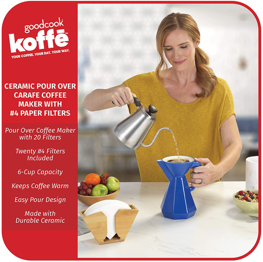 Goodcook Koffe 6-Cup Ceramic Pour Over Carafe Coffee Maker with #4 Paper Filters
