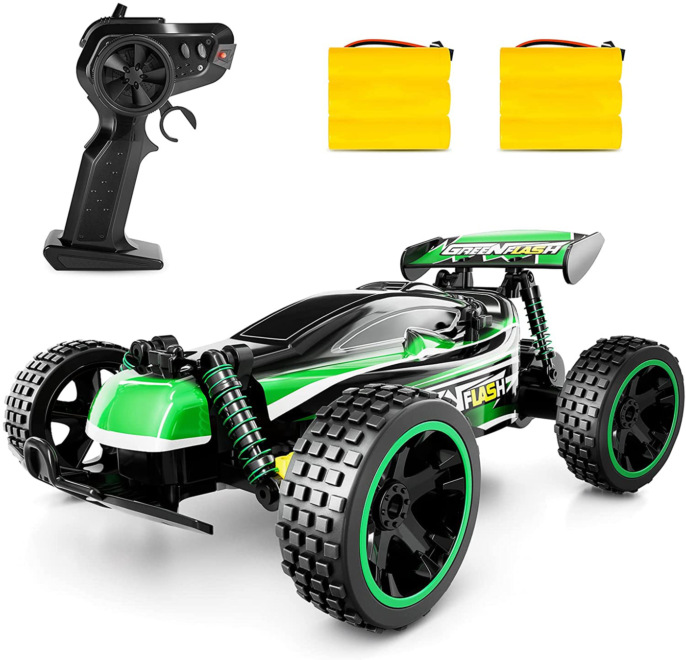 RC Racing Car, 2.4Ghz High Speed Remote Control Car, 1:18 2WD Toy Cars Buggy for Boys & Girls with Two Rechargeable Batteries for Car, Gift for Kids(Green)