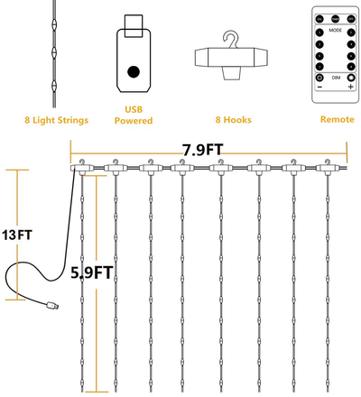 String Lights Curtain, USB Powered Fairy Lights for Bedroom Party, 8 Modes & IP64 Waterproof Ideal for Garden, Patio 