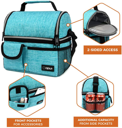 OPUX Insulated Dual Compartment Lunch Bag for Men, Women | Double Deck Reusable Lunch Pail Cooler Bag with Shoulder Strap, Soft Leakproof Liner | Large Lunch Box Tote for Work, School (Turquoise)