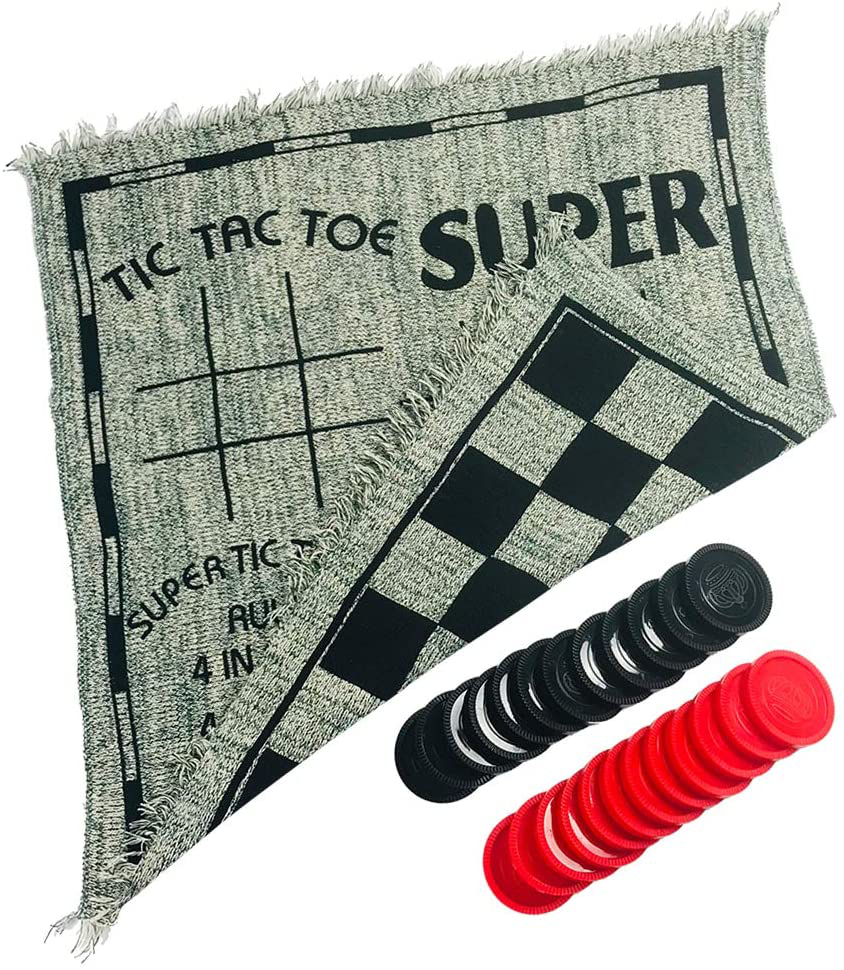 Yuanhe 3 in 1 Giant Checkers Set and Tic Tac Toe Game with Reversible Rug - Indoor and Outdoor Board Game for Family