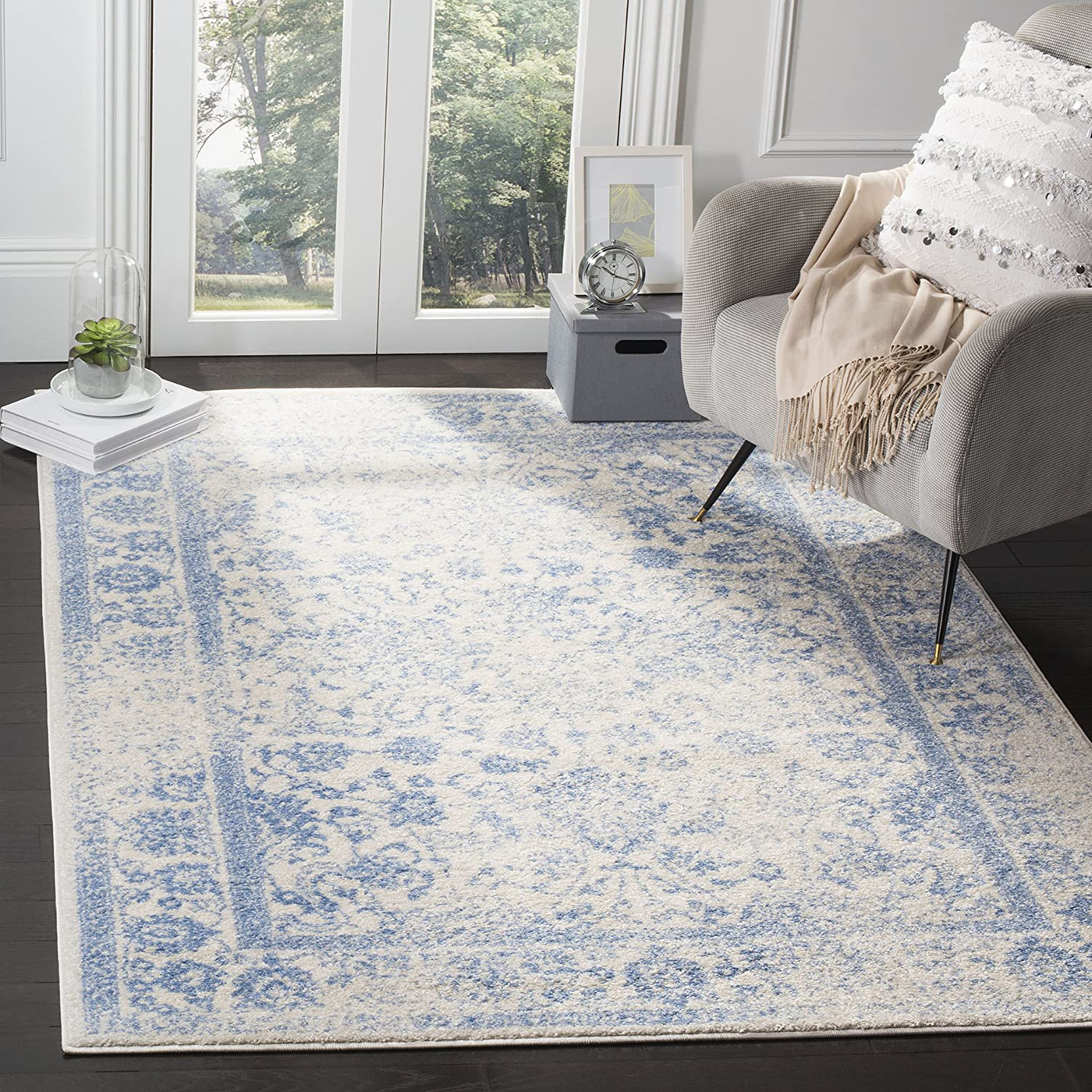 Safavieh Adirondack Collection ADR109L Oriental Distressed Non-Shedding Stain Resistant Living Room Bedroom Area Rug, 4' x 4' Square, Ivory / Light Blue